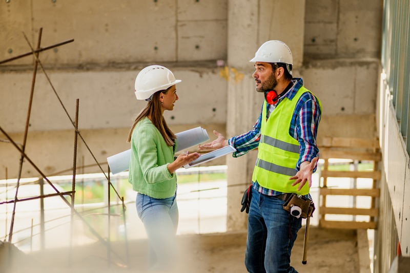 engenheira e mestre de obras discutindo no canteiro de obra